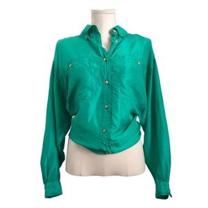 Vintage 100% Silk 1980s Green Button Down Blouse